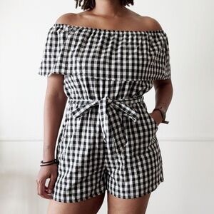 black and white gingham off the shoulder linen romper